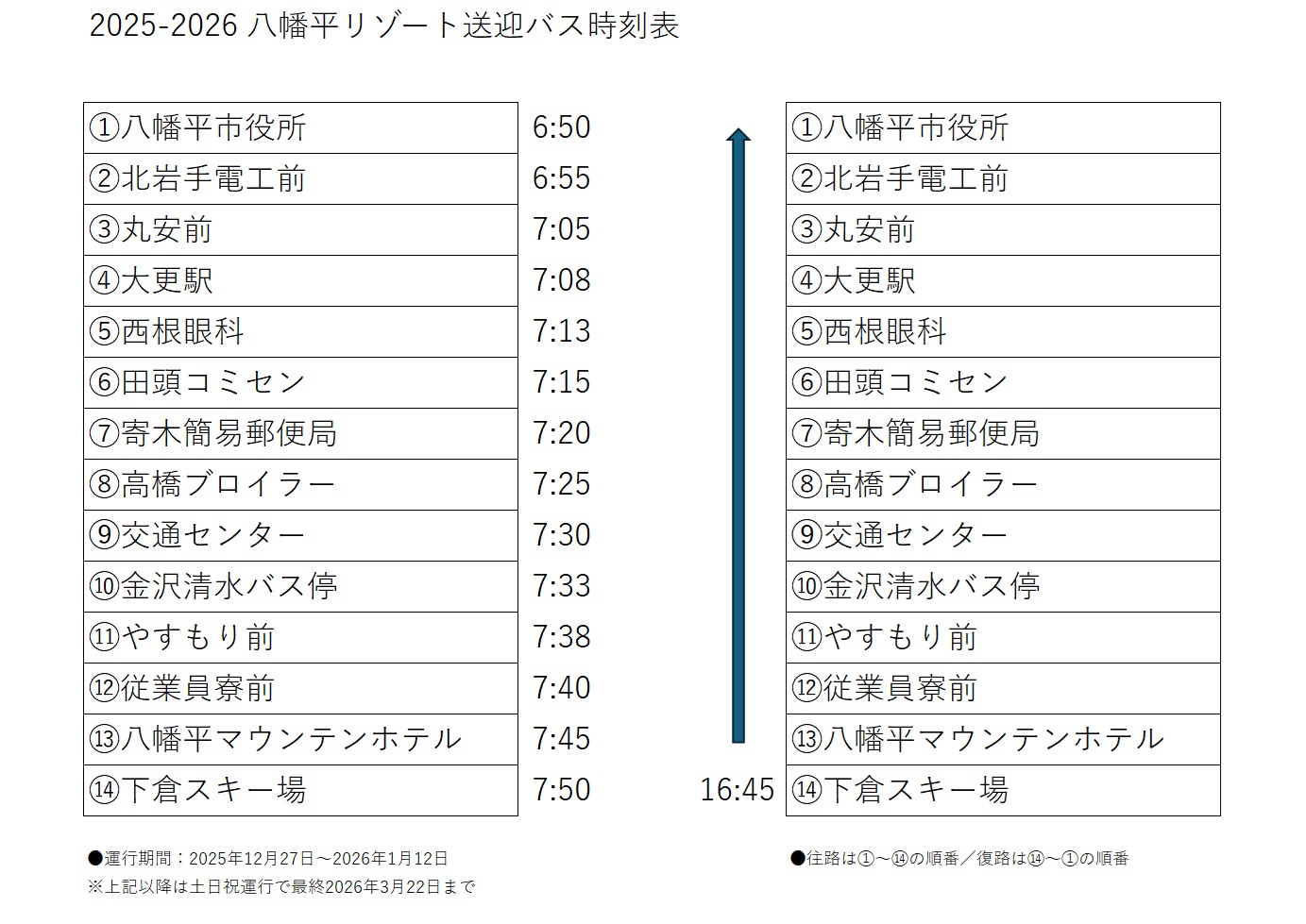 アルバイト送迎バス時刻表 - 八幡平リゾート パノラマ＆下倉スキー場